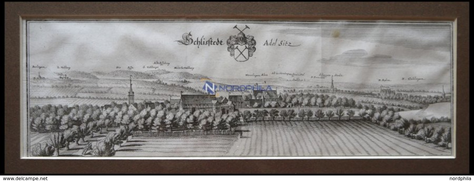 SCHÖPPENSTEDT (Schliestedt), Gesamtansicht, Kupferstich Von Merian Um 1645 - Lithographien