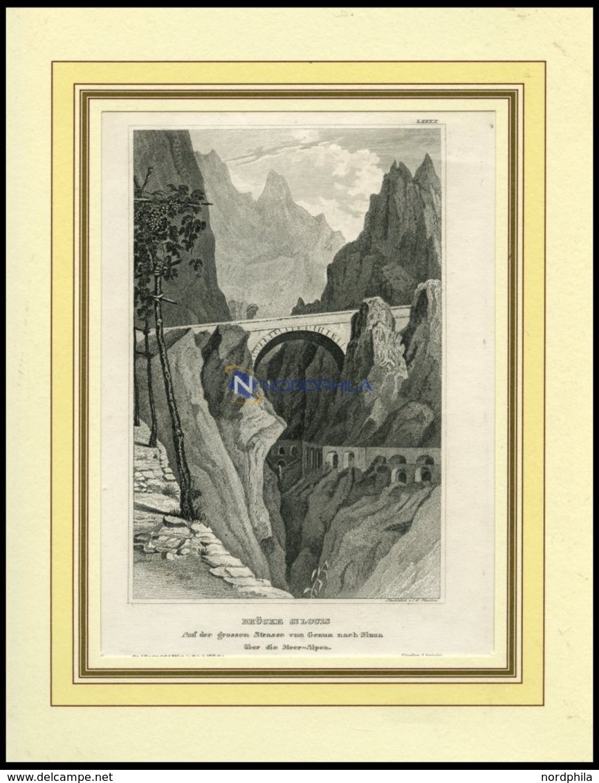 BRÜCKE ST. LOUIS Auf Der Großen Straße Von Genua Nach Nizza über Die Meer-Alpen, Stahlstich Von B.I. Um 1840 - Lithographien