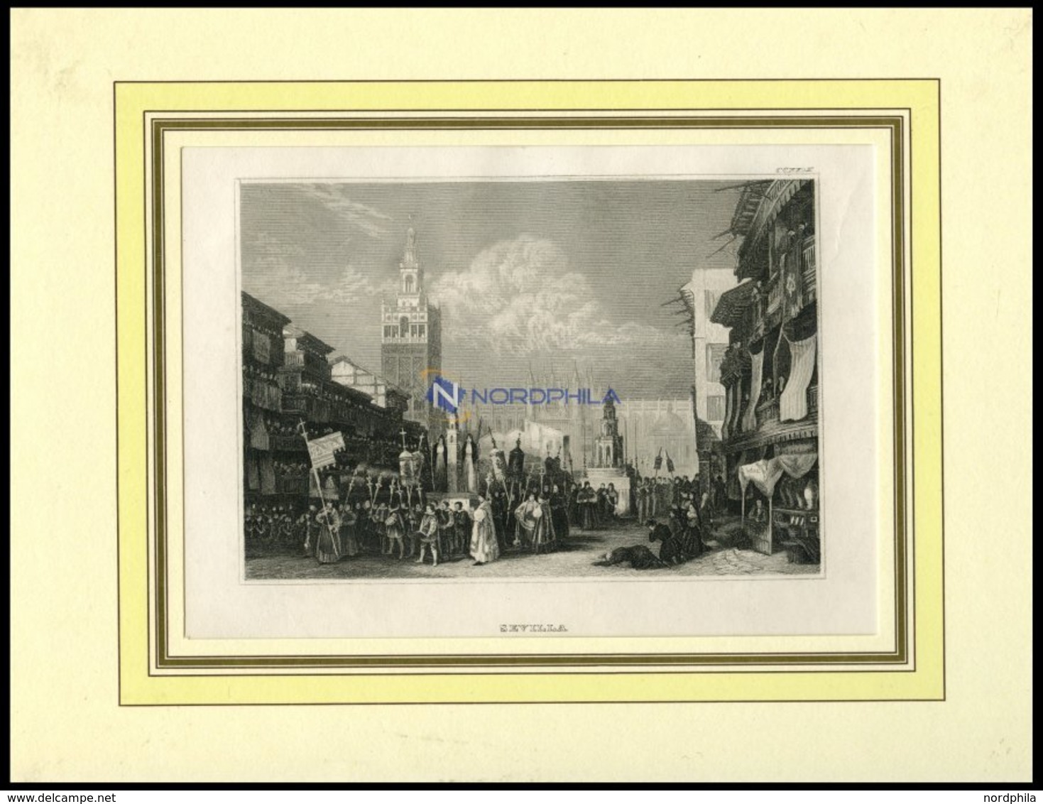 SEVILLA, Teilansicht Mit Prozession Im Vordergrund, Stahlstich Von B.I. Um 1840 - Lithographies