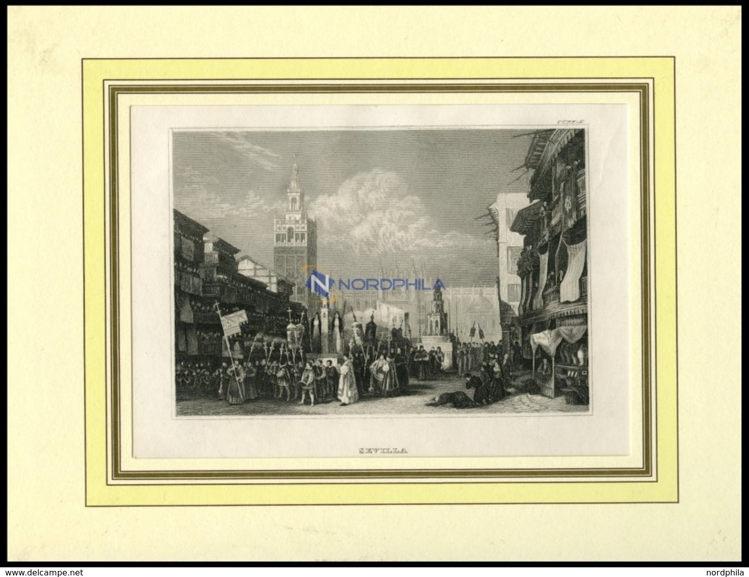 SEVILLA, Teilansicht Mit Prozession Im Vordergrund, Stahlstich Von B.I. Um 1840 - Litografia