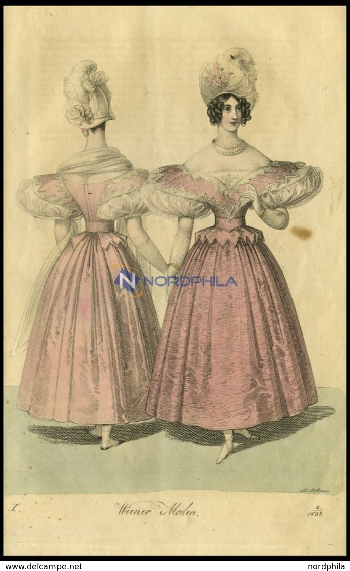 Wiener-Moden - Kleid Von Rosa Satin Chiné - Dazu Ein Atlas-Barret - (Vorder-und Rückenansicht) Vom Damenkleidermacher J. - Litografia