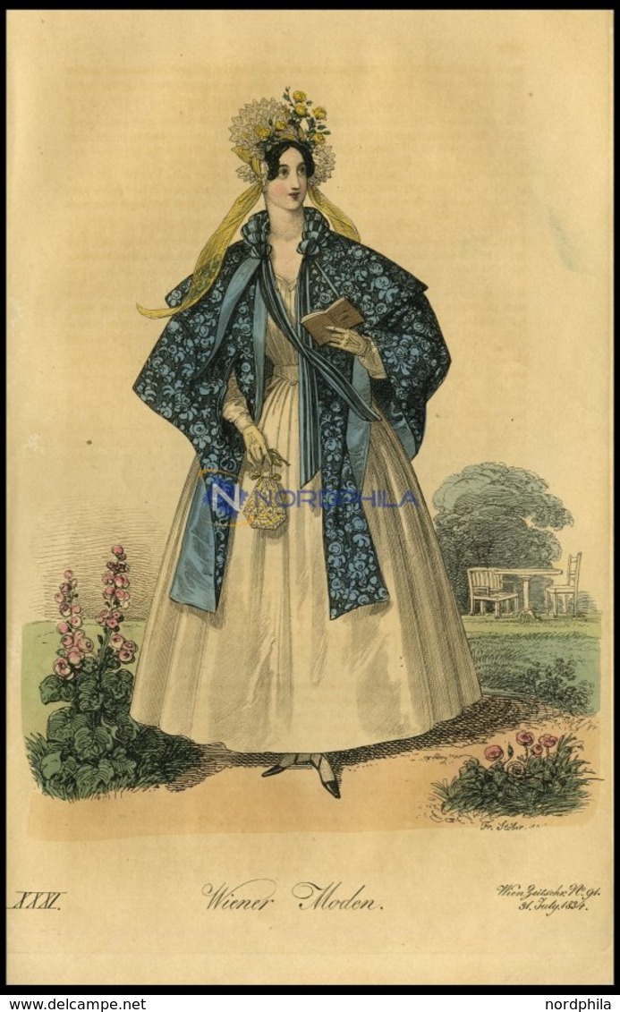 Wiener-Moden - Kleid Aus Mousseline, Cape Von Foulard - Dazu Tüll-Haube Mit Blumen, Altkolorierter Kupferstich Aus Wiene - Litografia