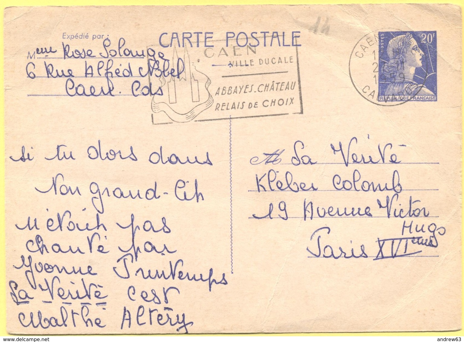 FRANCIA - France - 1959 - 20F Marianne De Muller + Flamme Caen, Ville Ducale - Carte Postale - Intero Postale - Entier P - Cartoline Postali E Su Commissione Privata TSC (ante 1995)