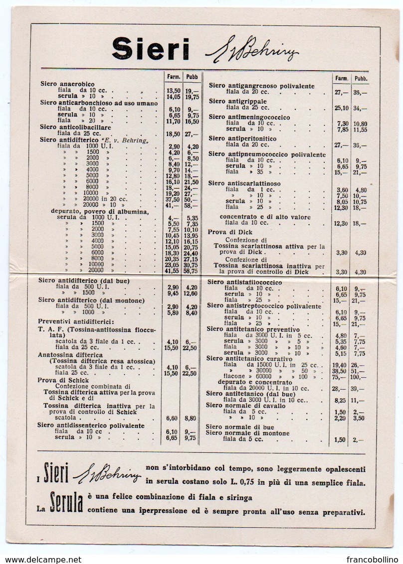 DEAR DOCTOR TYPE PUBL. BAYER-MEISTER LUCIUS-BEHRINGVERKE/ SERUM PRICE LIST - Salute