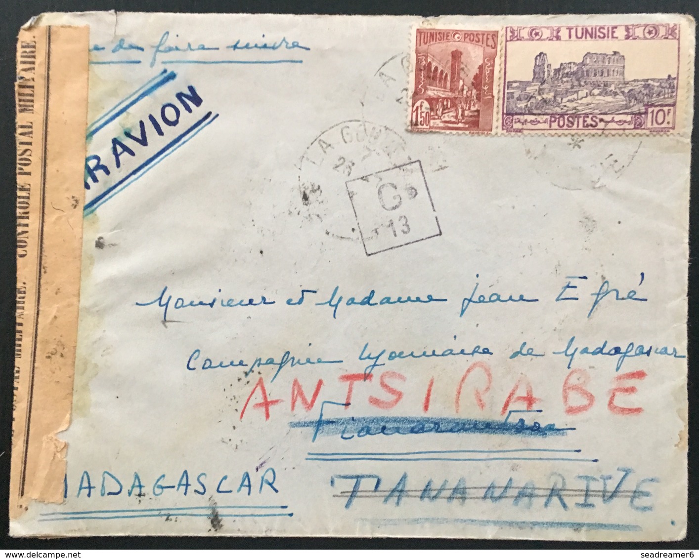 LETTRE De Tunisie Pour Madagascar Par Avion Censure Tunisienne Puis Reexpediée Sur Place Sur Mada - Brieven En Documenten