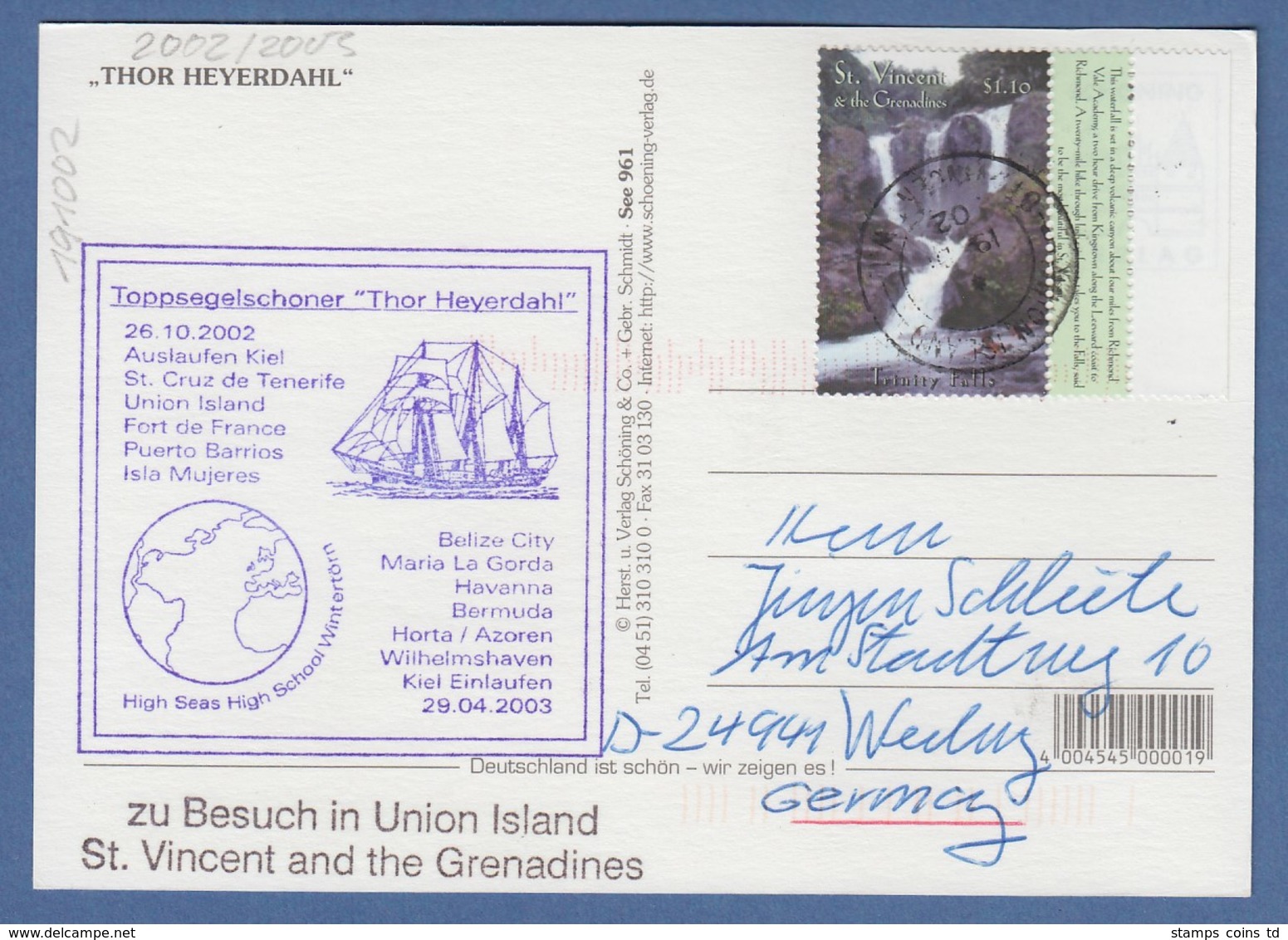 Segelschiff Thor Heyerdahl Zu Besuch Auf St.Vincent Grenadinen, AK Gel -> D 2002 - St.Vincent (1979-...)