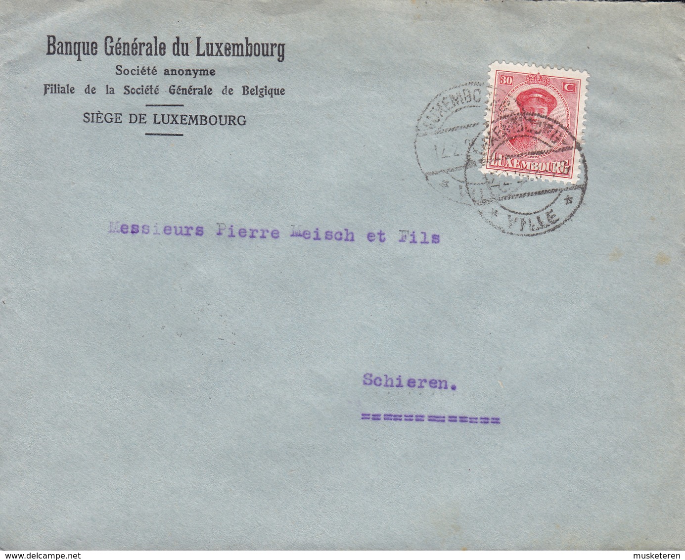 Luxembourg BANQUE GÉNÉRALE DU LUXEMBOURG, LUXEMBOURG VILLE 1926 Cover Lettre SHIEREN, ETTELBRÜCK (Arr. Cds.) - Lettres & Documents