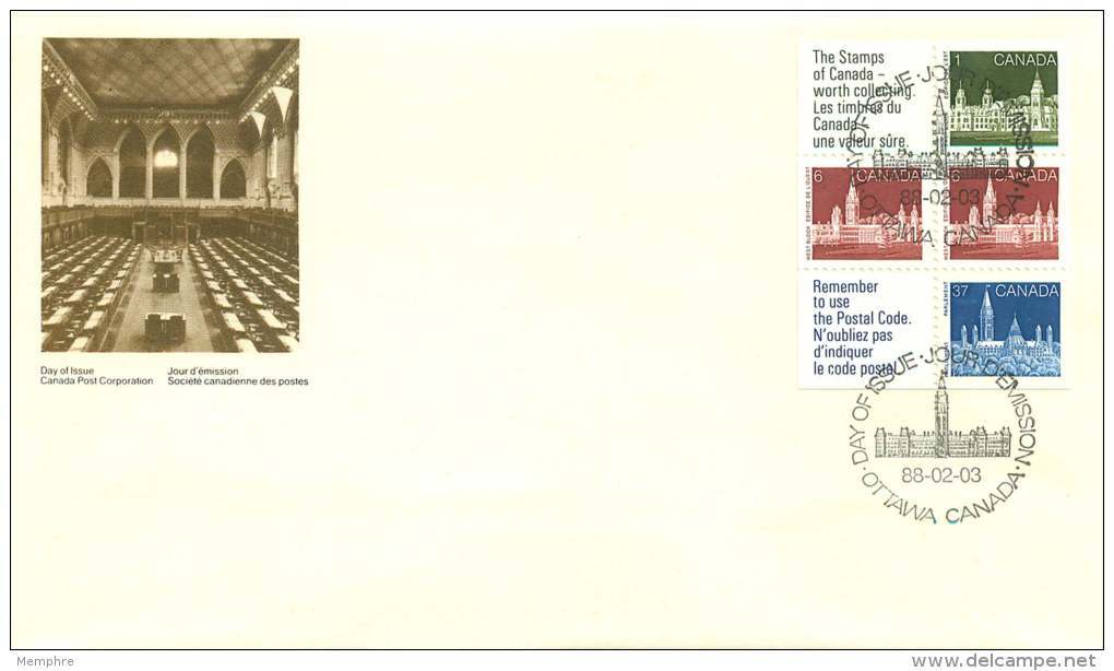 1988  Parliament Buildings  Booklet Pane Of 11887 1186 X2, 938  Sc 1187a - 1981-1990