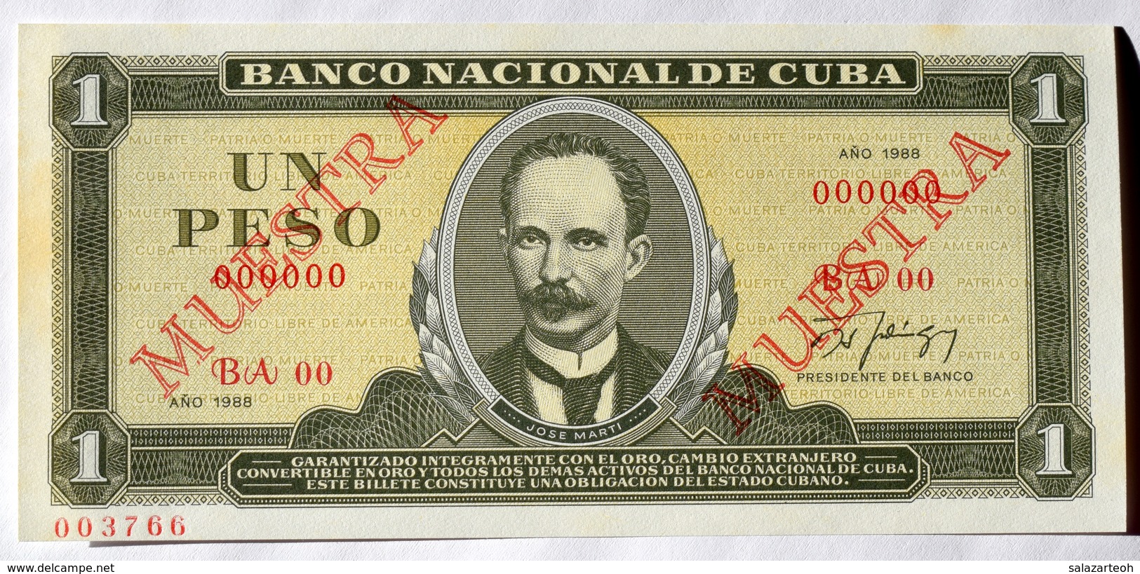 Billete MUESTRA (SPECIMEN) 1988 Cuba, Un Peso, Gem-UNC. Impecable Condicion - Cuba