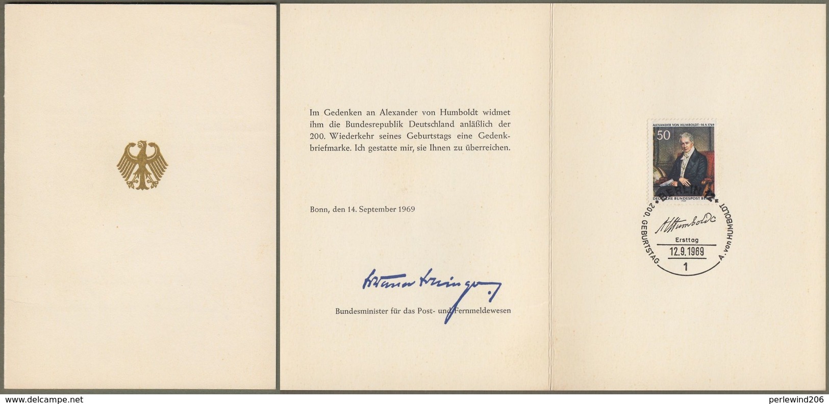 Bund: Minister Card - Ministerkarte Berlin Mi.-Nr 346 ESST: " 200. Geburtstag Alexander Von Humboldt " RR    X - Covers & Documents