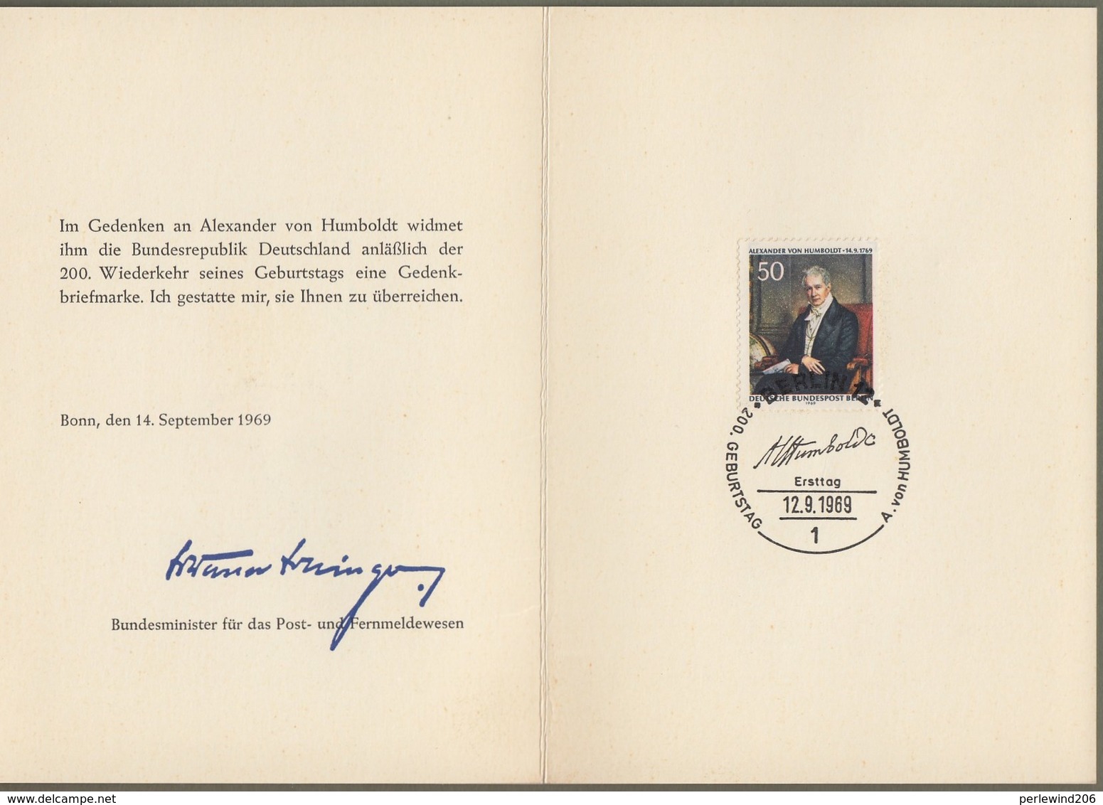 Bund: Minister Card - Ministerkarte Berlin Mi.-Nr 346 ESST: " 200. Geburtstag Alexander Von Humboldt " RR    X - Covers & Documents