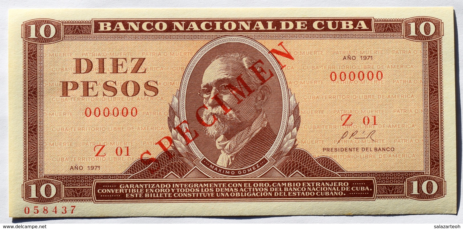 Billete De (10) DIEZ PESOS Cuba 1971, SPECIMEN, Gem-UNC. Primeros Años De La Revolución. - Cuba