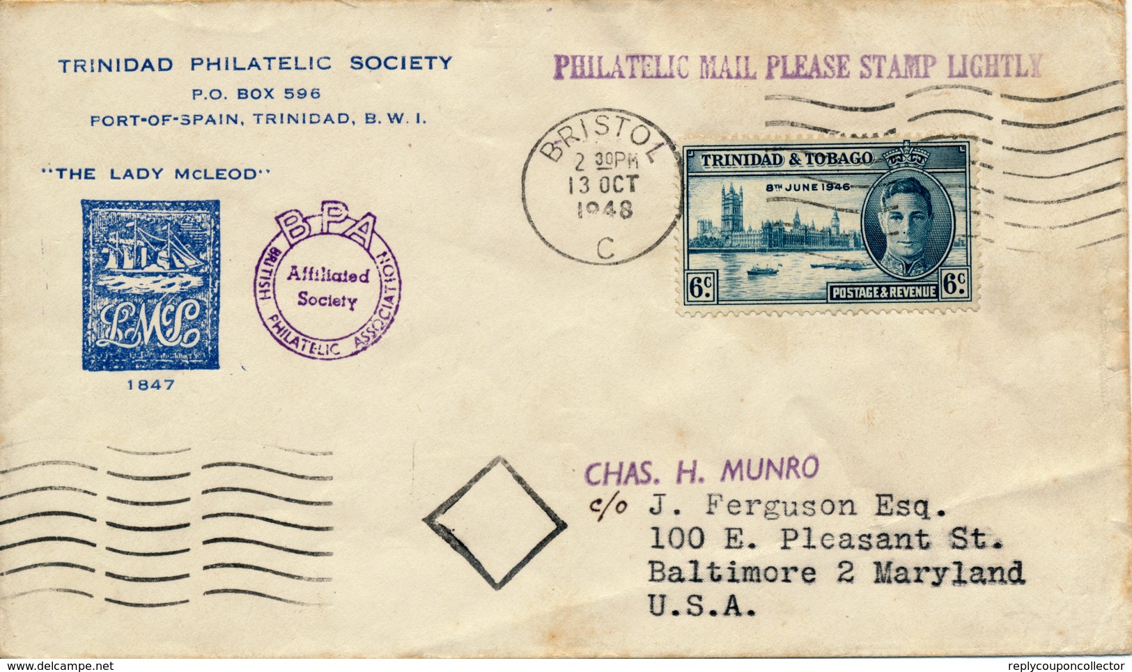 Trinidad & Tobago    - 1948  ,  Stempel BRISTOL / GB   Brief Nach Baltimore / USA - Trinidad & Tobago (1962-...)