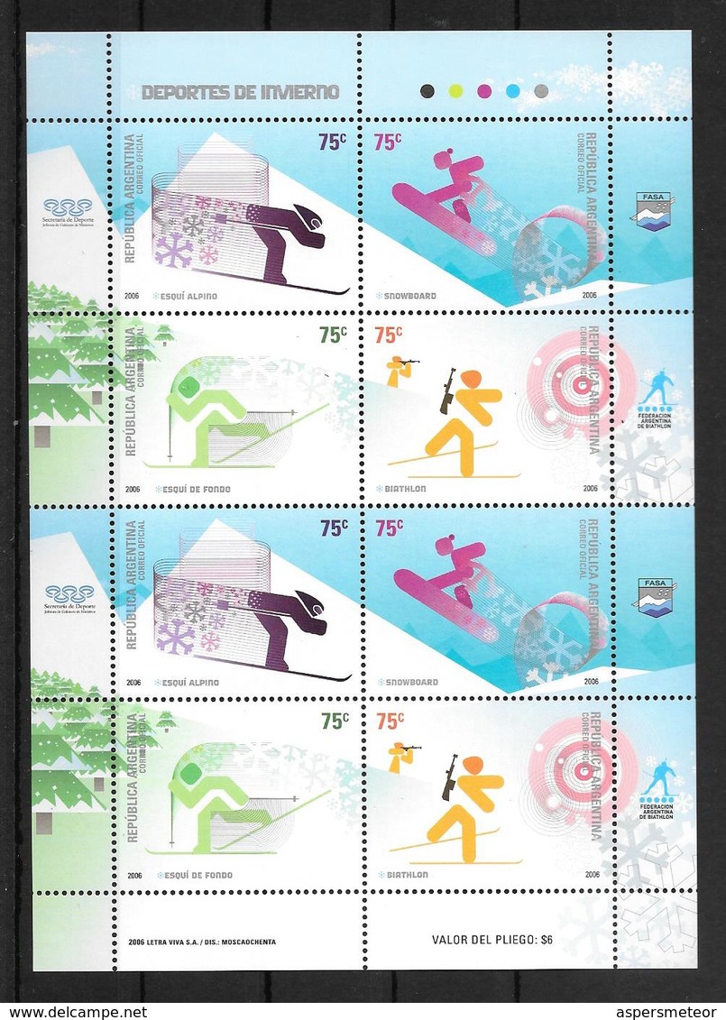 DEPORTES DE INVIERNO ARGENTINA AÑO 2006 JALIL GOTTIG 173 HOJITA BLOC TBE MNH, ESQUI SKI SNOWBOARD BIATHLON - LILHU - Blokken & Velletjes