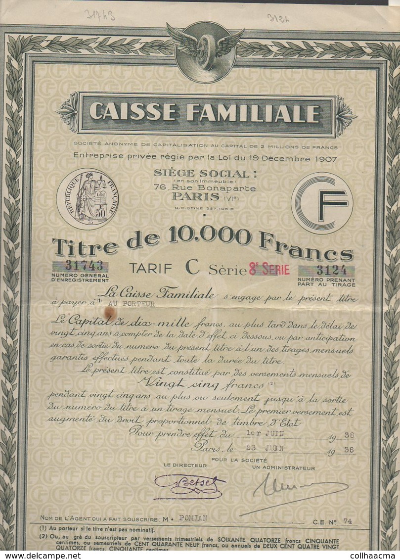 Action : Société  De Capitalisation " Caisse Familiale" Siège Social à Paris  Titre De 10.000 Francs 1938 + Courrier - Bank & Insurance