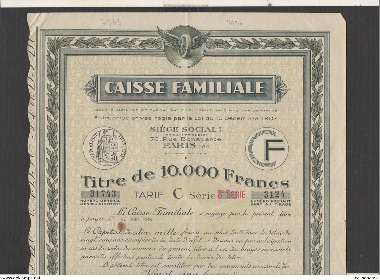 Action : Société  De Capitalisation " Caisse Familiale" Siège Social à Paris  Titre De 10.000 Francs 1938 + Courrier - Bank & Insurance