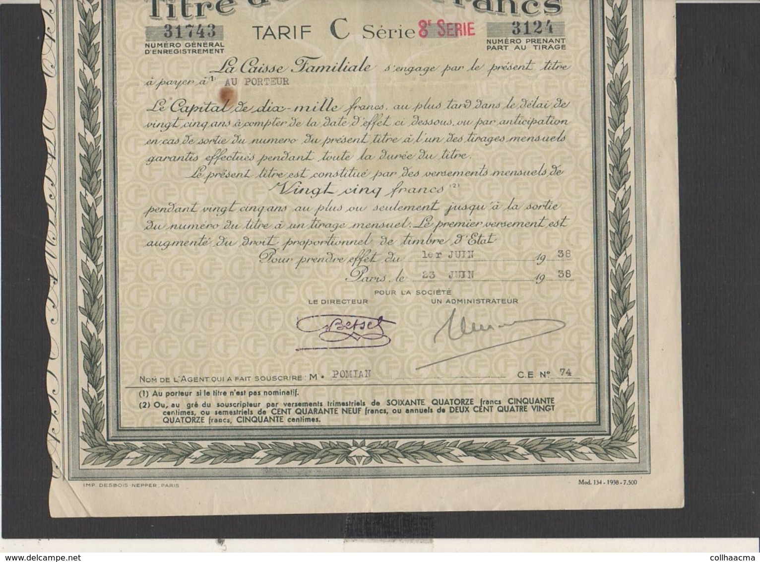 Action : Société  De Capitalisation " Caisse Familiale" Siège Social à Paris  Titre De 10.000 Francs 1938 + Courrier - Banque & Assurance