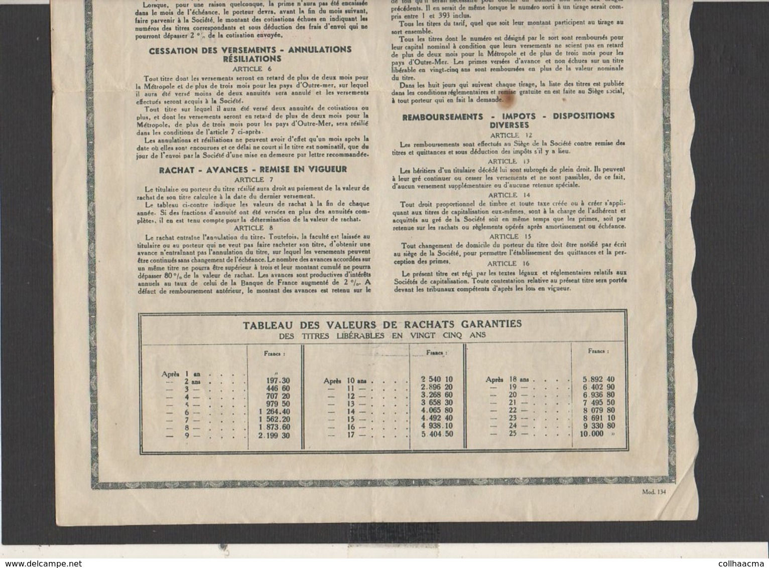 Action : Société  de Capitalisation " Caisse Familiale" Siège Social à Paris  Titre de 10.000 Francs 1938 + courrier