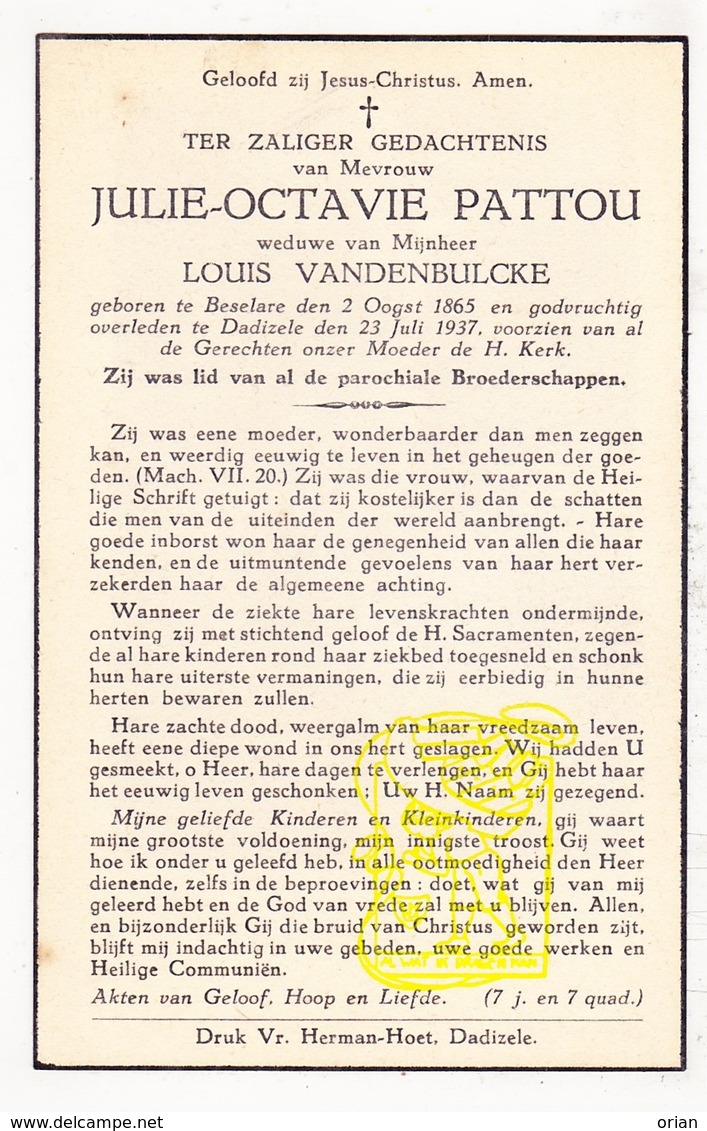 DP Julie O. Pattou ° Beselare Zonnebeke 1865 † Dadizele Moorslede 1937 X L. VandenBulcke - Images Religieuses