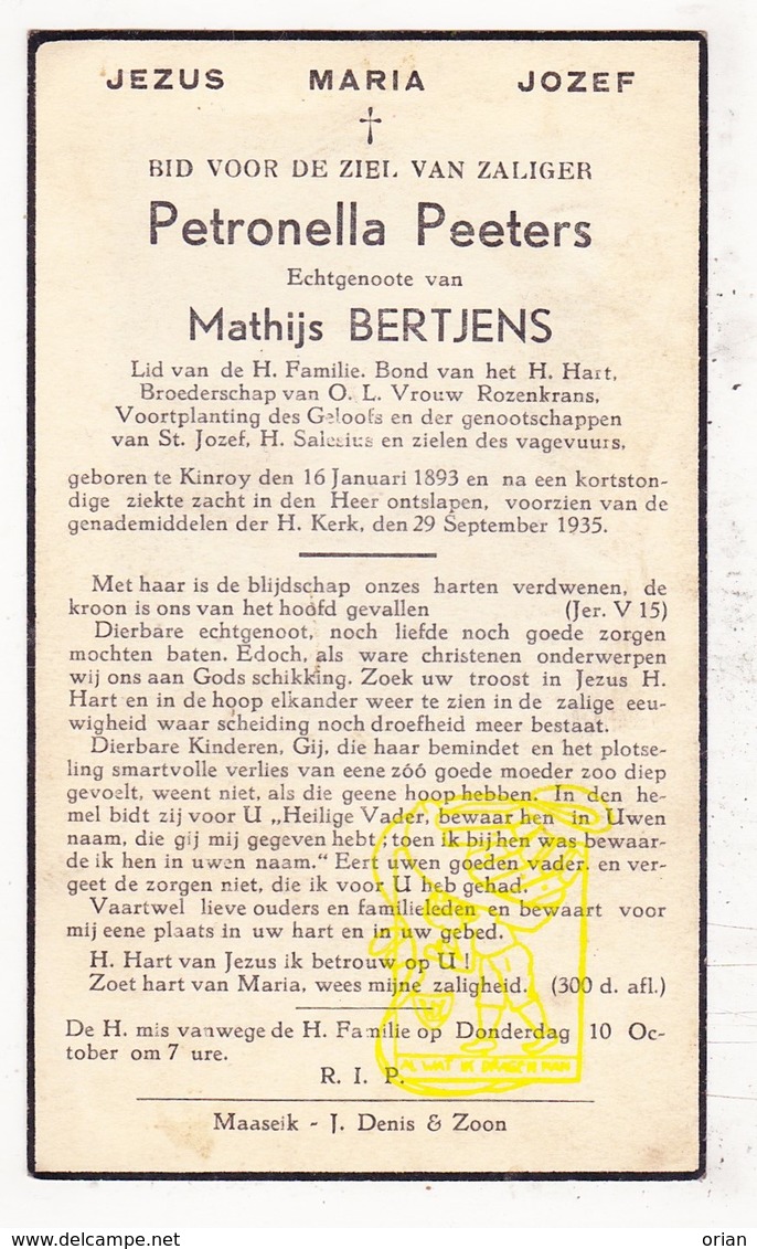 DP Petronella Peeters ° Kinrooi 1893 † 1935 X Mathijs Bertjens - Devotieprenten