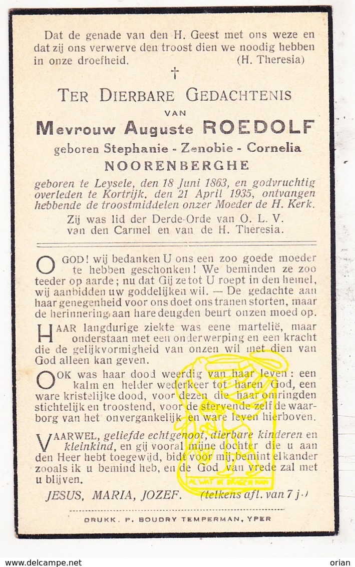 DP Stephanie Zenobie C. Noorenberghe ° Leisele Alveringem 1863 † Kortrijk 1935 X Aug. Roedolf - Images Religieuses