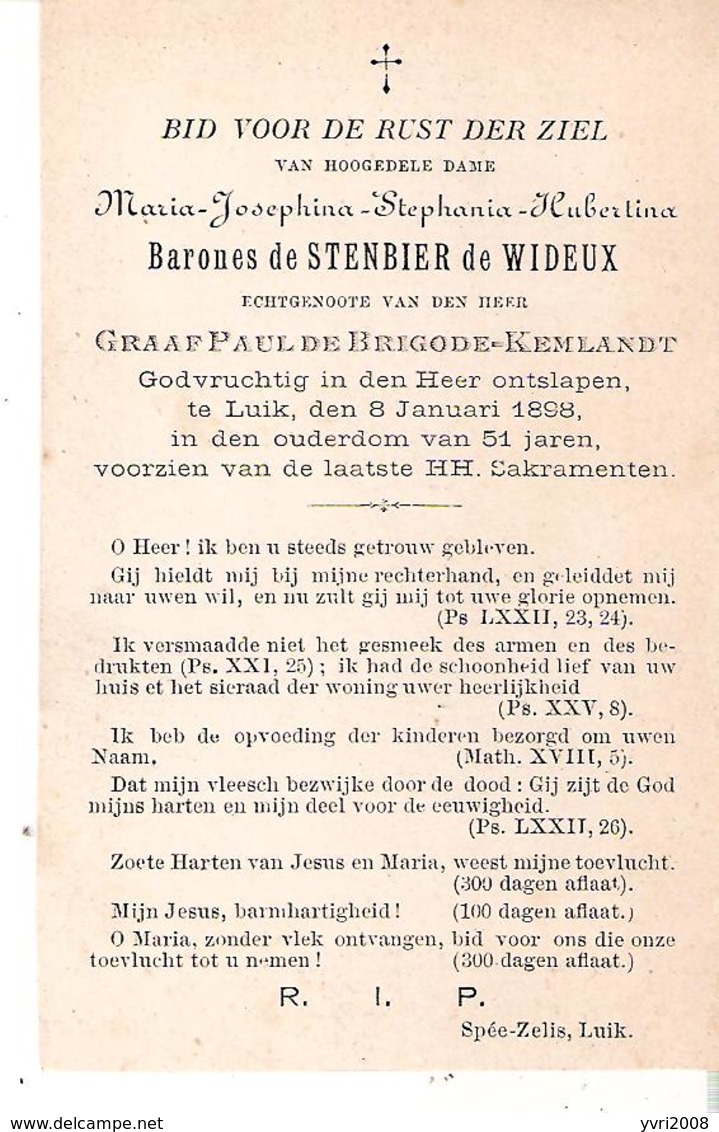 Faire-part Décès De Maria Hubertine Barones De STENBIER De WIDEUX LIEGE 8/1/1898. - Décès