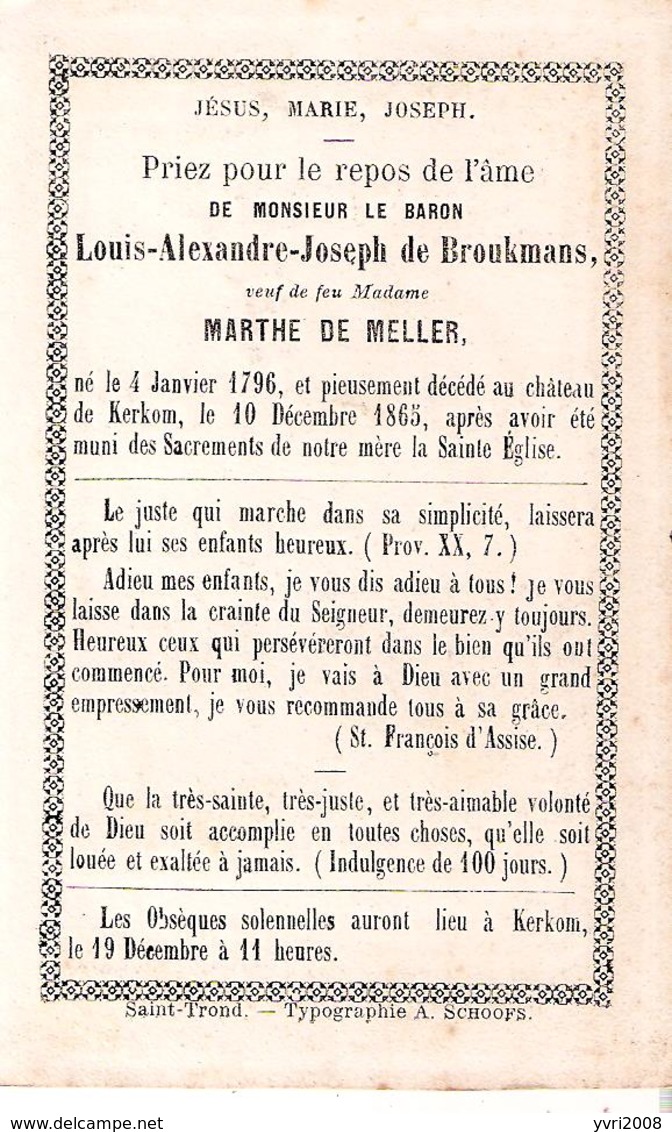 Faire-part Décès De Mr Le Baron LOUIS-Joseph De Boukmans Château De Kerkom 10/12/1865 Saint Trond - Décès