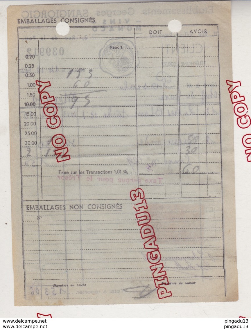 Au Plus Rapide Timbre Fiscal Monaco 14 Octobre 1942 Sangiorgio Vins Facture Pascal Chef De Gare Griffe Taxe Trésor - Revenue