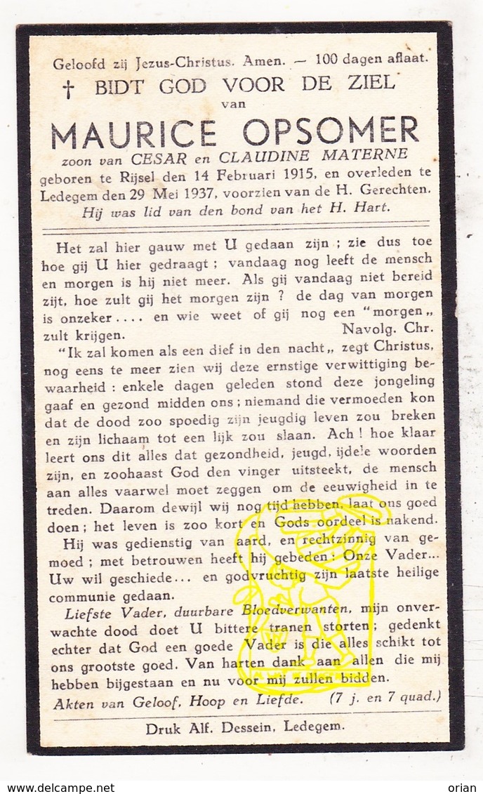 DP Maurice Opsomer / Materne ° Rijsel Lille FR Nord 1915 † Ledegem BE 1937 - Images Religieuses