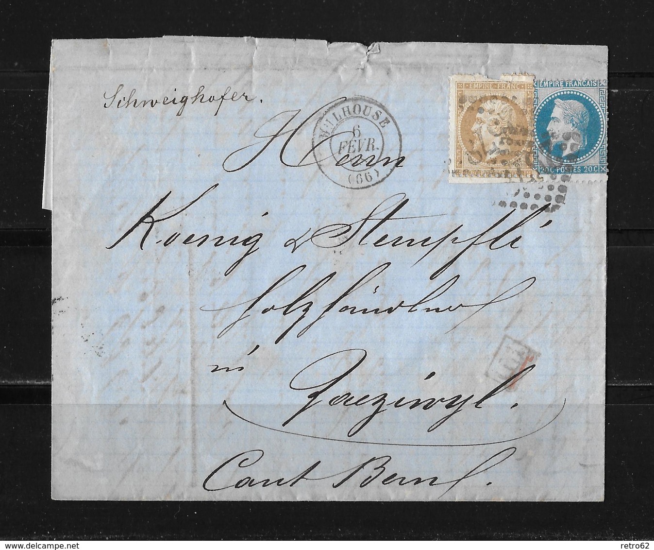 1868 FRANKREICH → Mulhouse à Zäziwyl/Suisse, Petits Chiffres 2578 Napoleon III. 20c Bleu Et 30c Brun - 1863-1870 Napoléon III Lauré