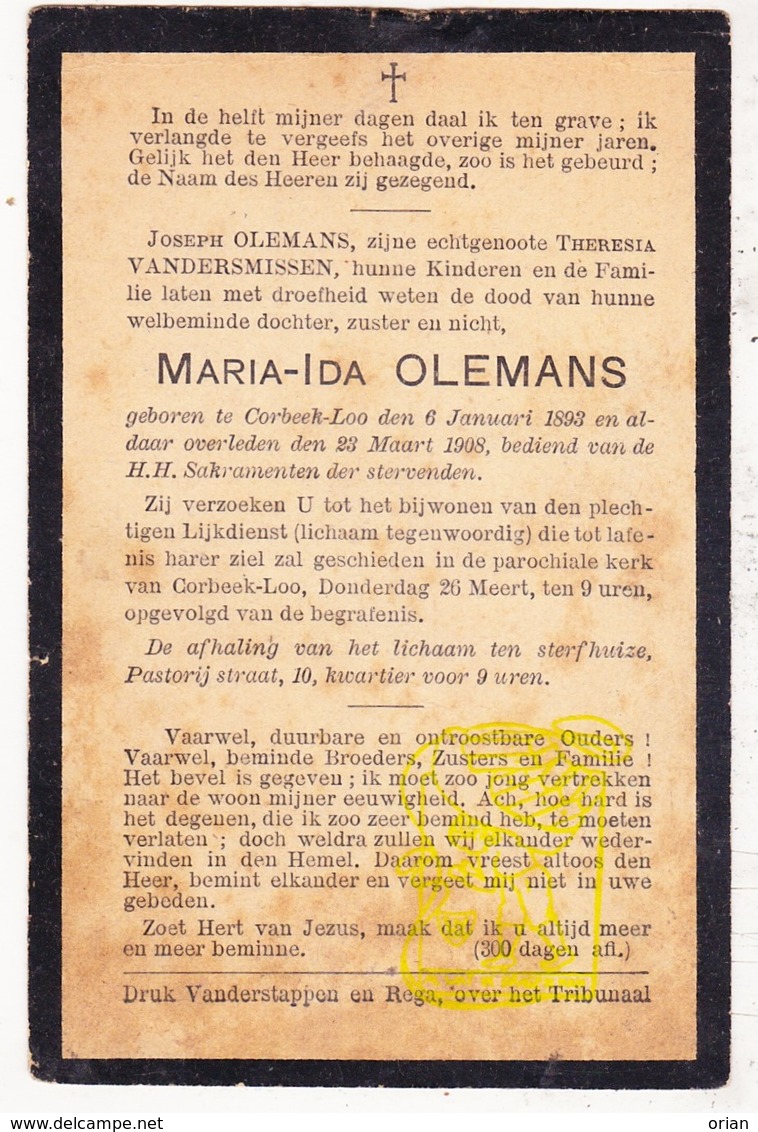 DP Maria Ida Olemans / VanderSmissen ° Korbeek-Lo Bierbeek 1893 † 1908 - Images Religieuses