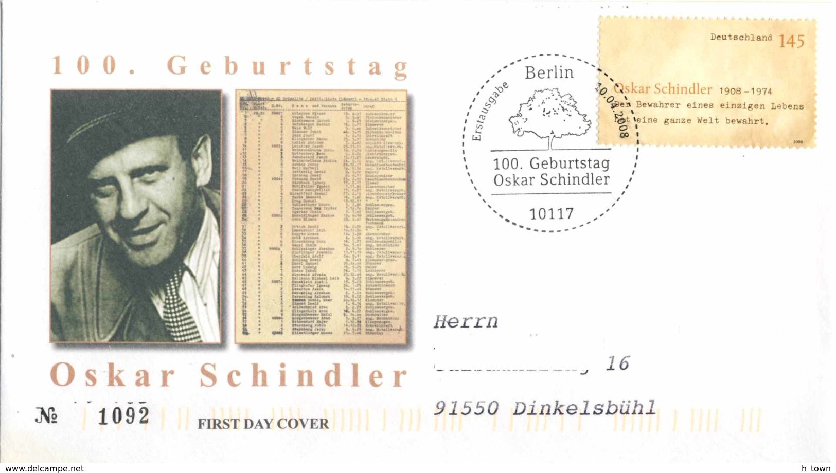 620  Oskar Schindler FDC From Germany, 2008. Kraków-Plaszów Concentration Camp, Judaica Holocaust, Schindler's List Film - Joodse Geloof