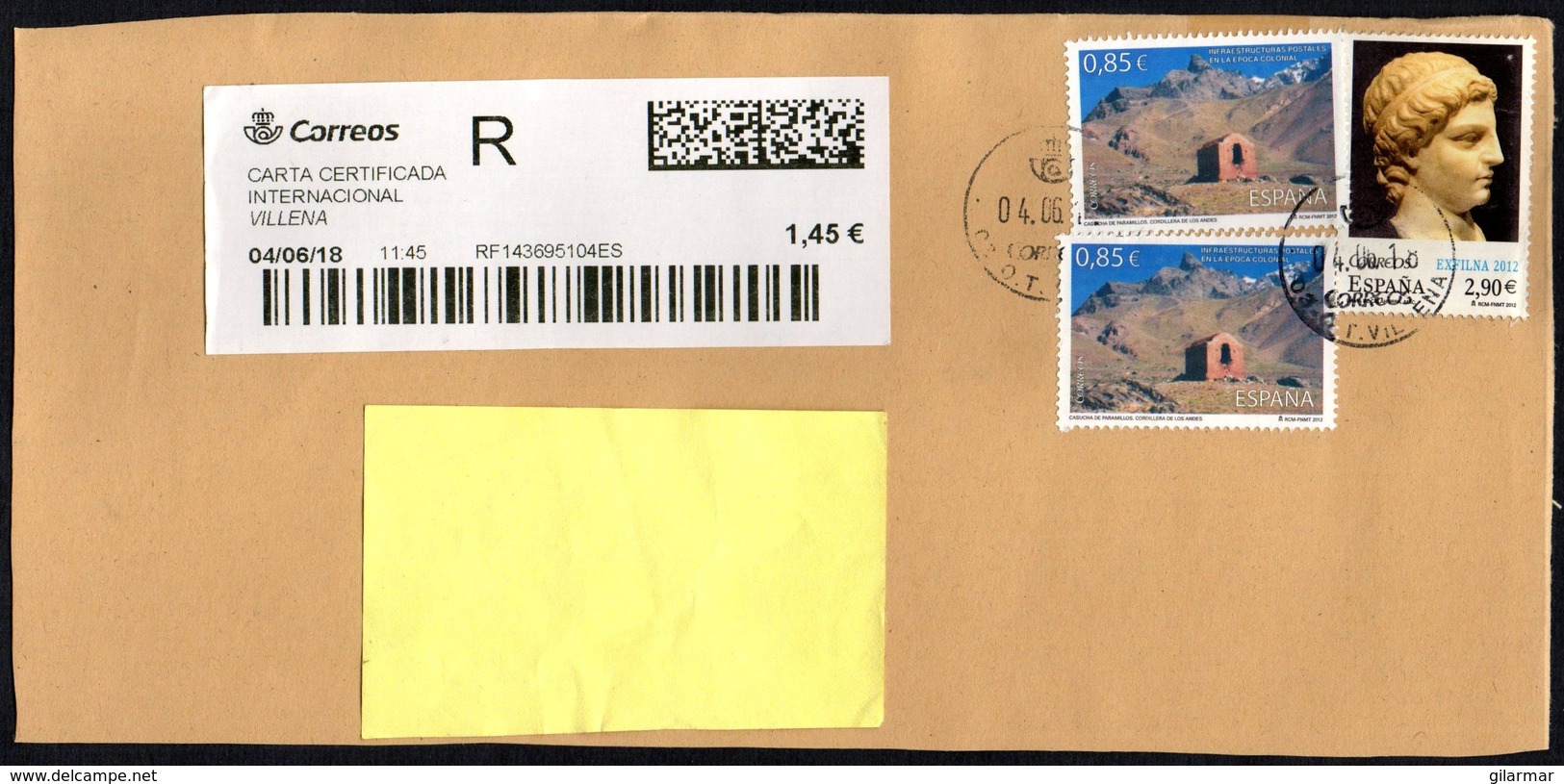 ART - SPAIN VILLENA 2018 - FRONT OF COVER - REGISTERED - EXFILNA 2012 / POSTAL INFRASTRUCTURES / ANDES MOUNTAINS - Altri & Non Classificati