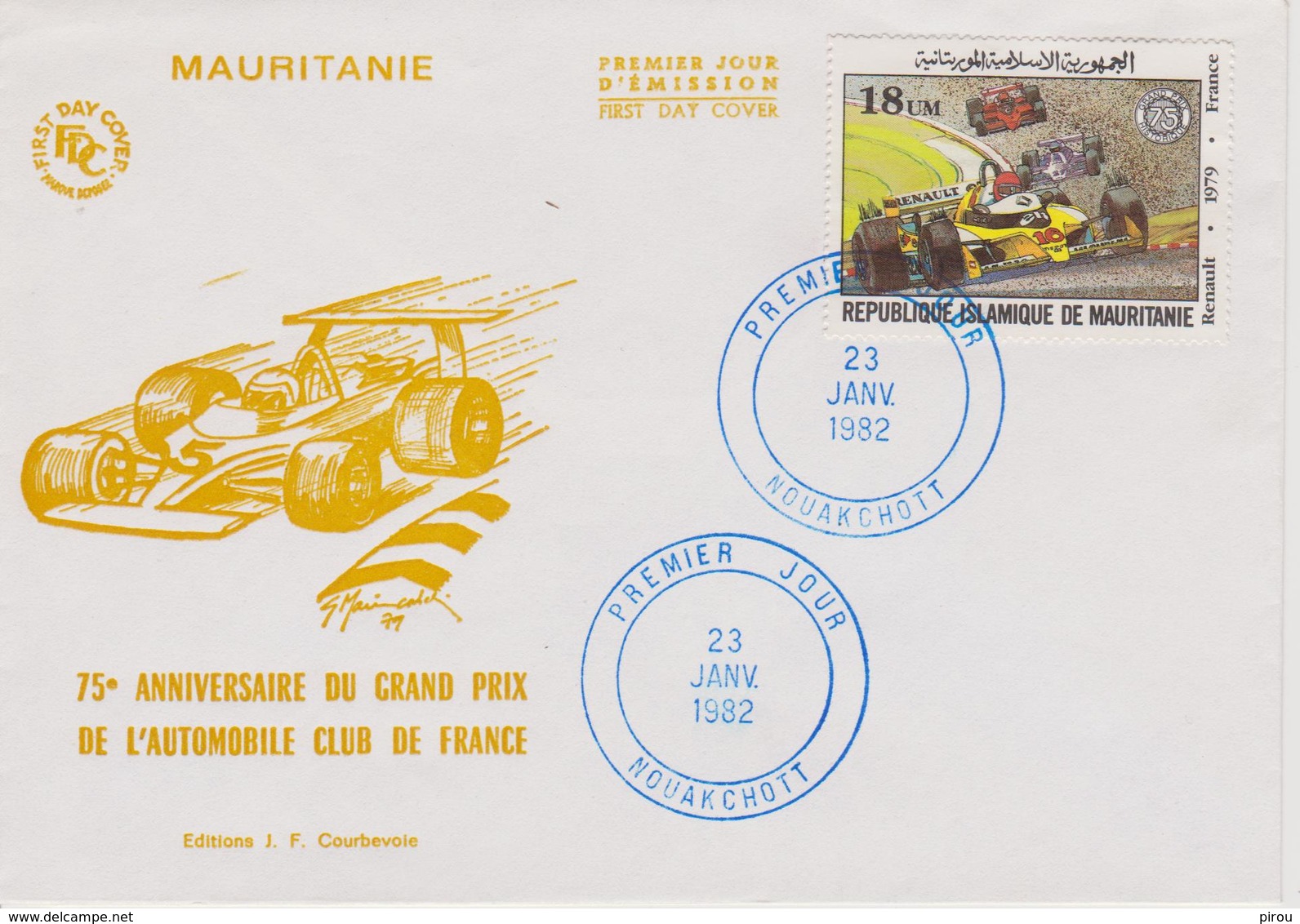 FDC MAURITANIE : RENAULT F1 J.P JABOUILLE 75ème Anniversaire Du Grand Prix De FRANCE - Automovilismo