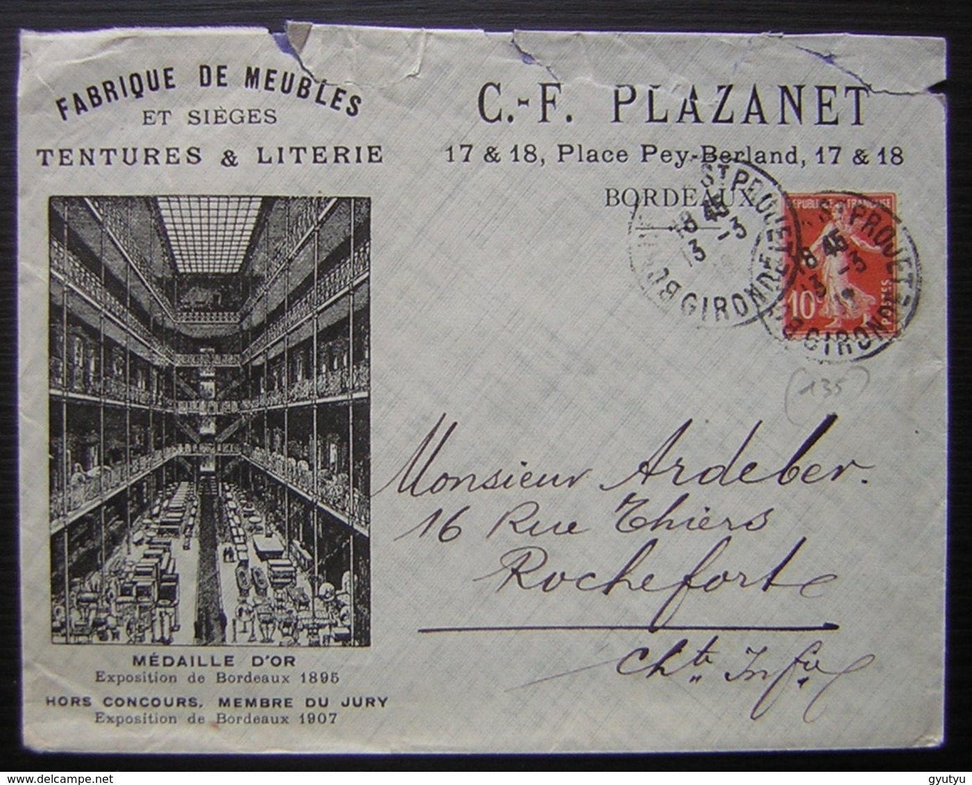 Bordeaux 1912 C. F Plazanet Fabrique De Meubles Et Sièges Tentures & Literie, Enveloppe Illustrée - 1877-1920: Période Semi Moderne