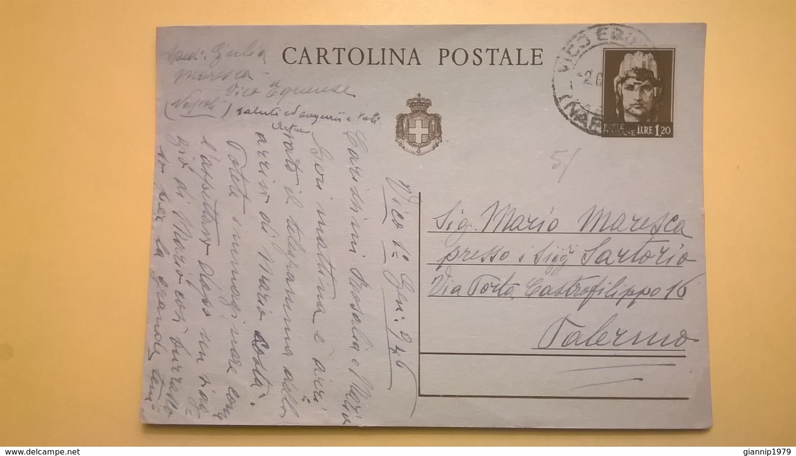 1946 INTERO CARTOLINA POSTALE POSTCARDS ANNULLO NAPOLI PER PALERMO LIRE 1,20 - Postwaardestukken