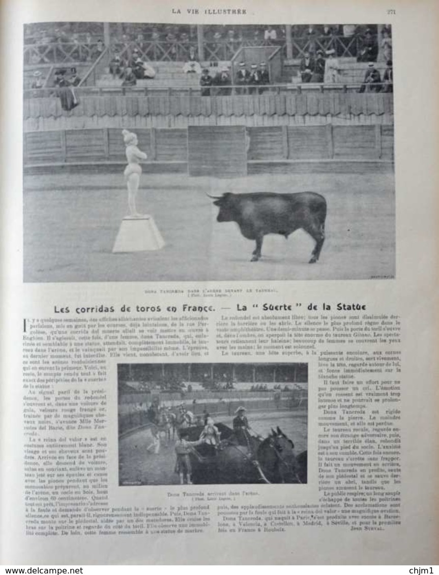 Les Corridas De Toros En France - Dona Tancreda Dans L'arène Devant Le Taureau - Page Original 1901 - Documents Historiques