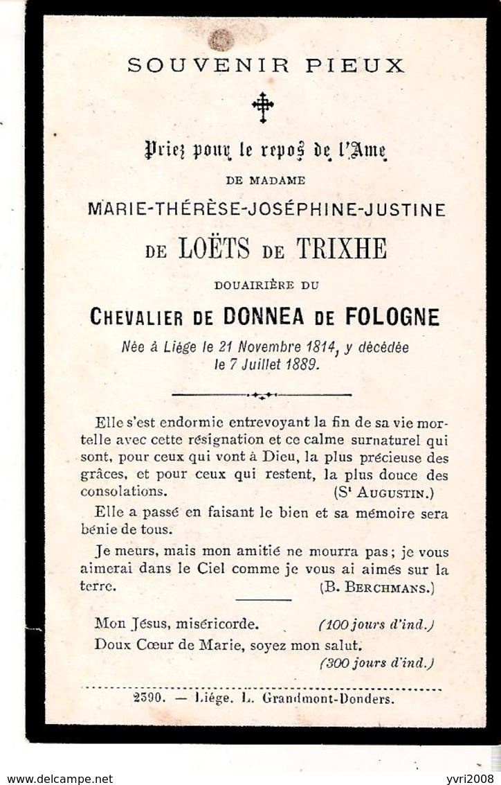 Faire-part De Décès Mme Marie De LOËTS De TRIXHE Douairière Du Chevalier De DONNEA De FOLOGNE . - Décès