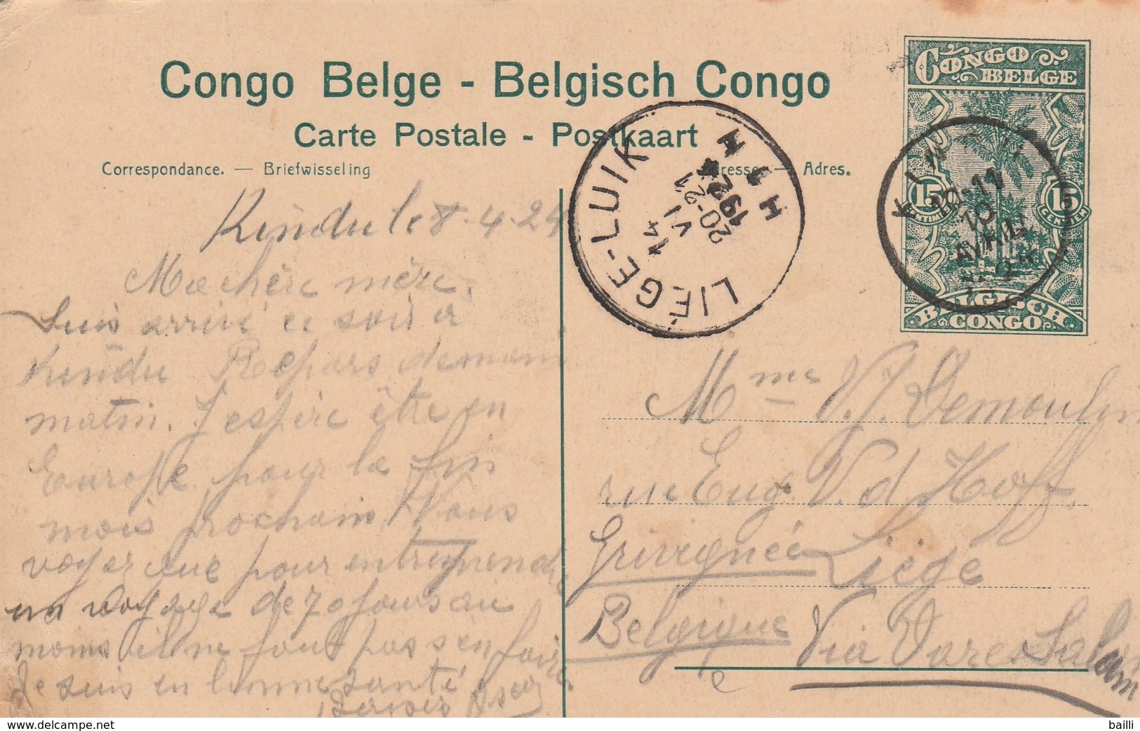 Congo Belge Entier Postal Illustré Pour La Belgique 1924 - Entiers Postaux