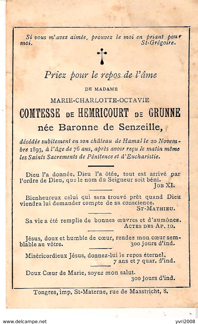 Faire-part De Décès Mme Marie COMTESSE De HEMRICOURT De GRUNNE Née Baronne De Senzeille 1893 - Décès