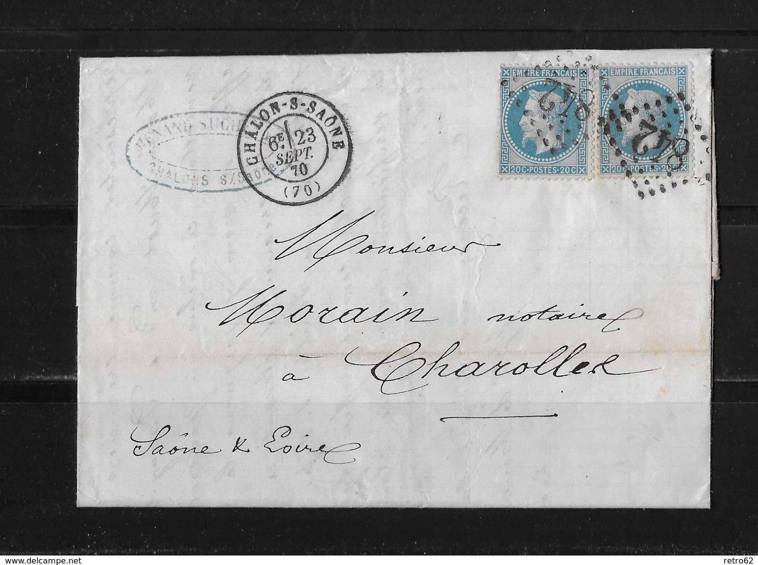 1870 FRANKREICH → Chalon-sur-Saône à Charolles, Gros Chiffres 842 Deux Fois Napoleon III. 20c Bleu  ►RAR◄ - 1863-1870 Napoléon III Lauré