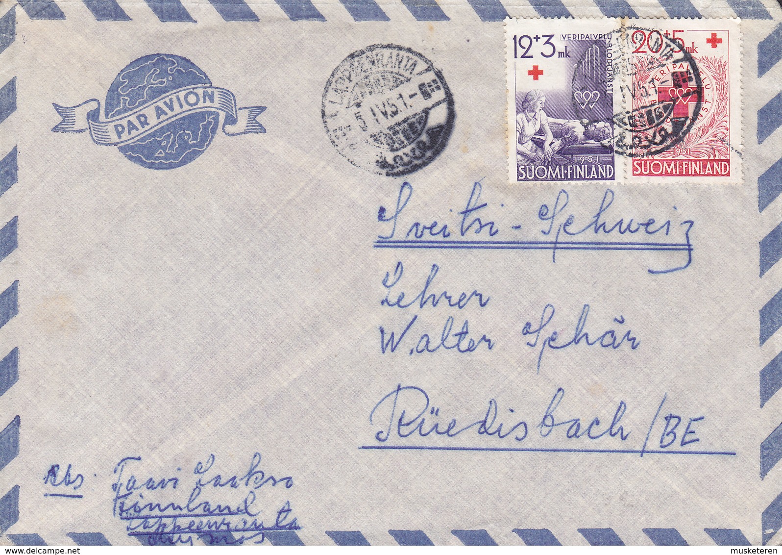 Finland Par Avion LAPPEENRANTA 1951 Cover Brief RÜEDISBACH Belgium 2x Red Cross Rotes Kreuz Croix Rouge Blutspende - Briefe U. Dokumente