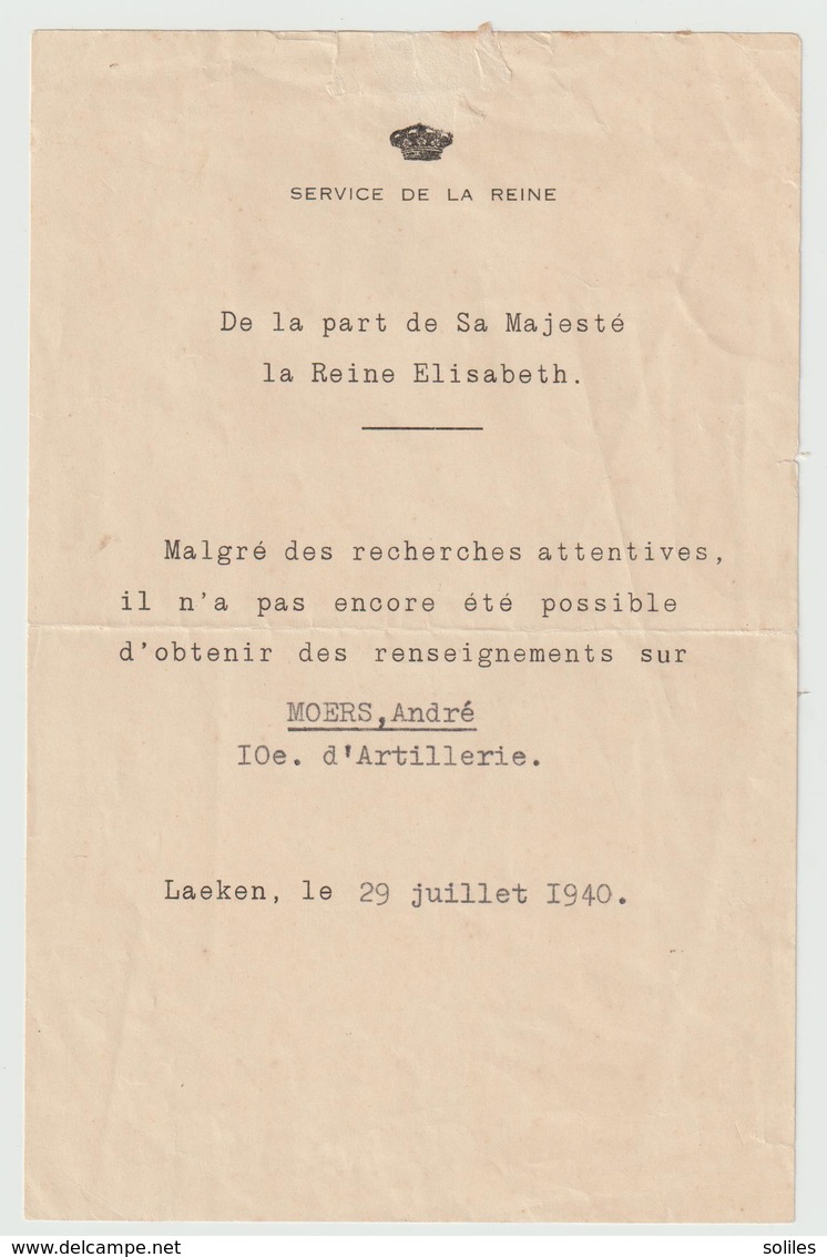 BELGIQUE - Service De La Reine Elisabeth - Juillet 1940 - 1939-45