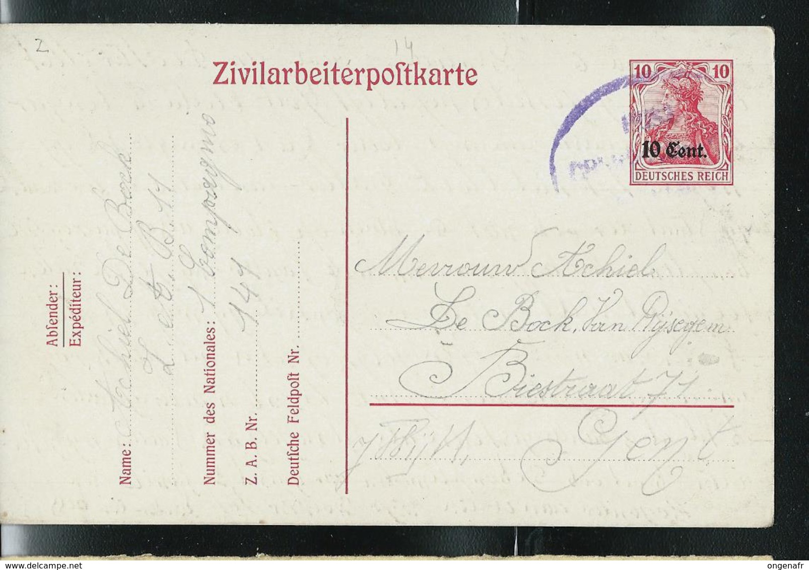 Cartes Pour Travailleurs Civils N° 2 Obl.  Pour Gent - German Occupation