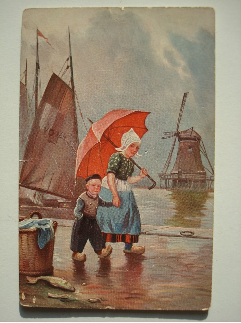 CP Hollande Sabots Parapluie Moulin Bateau. - 1900-1949