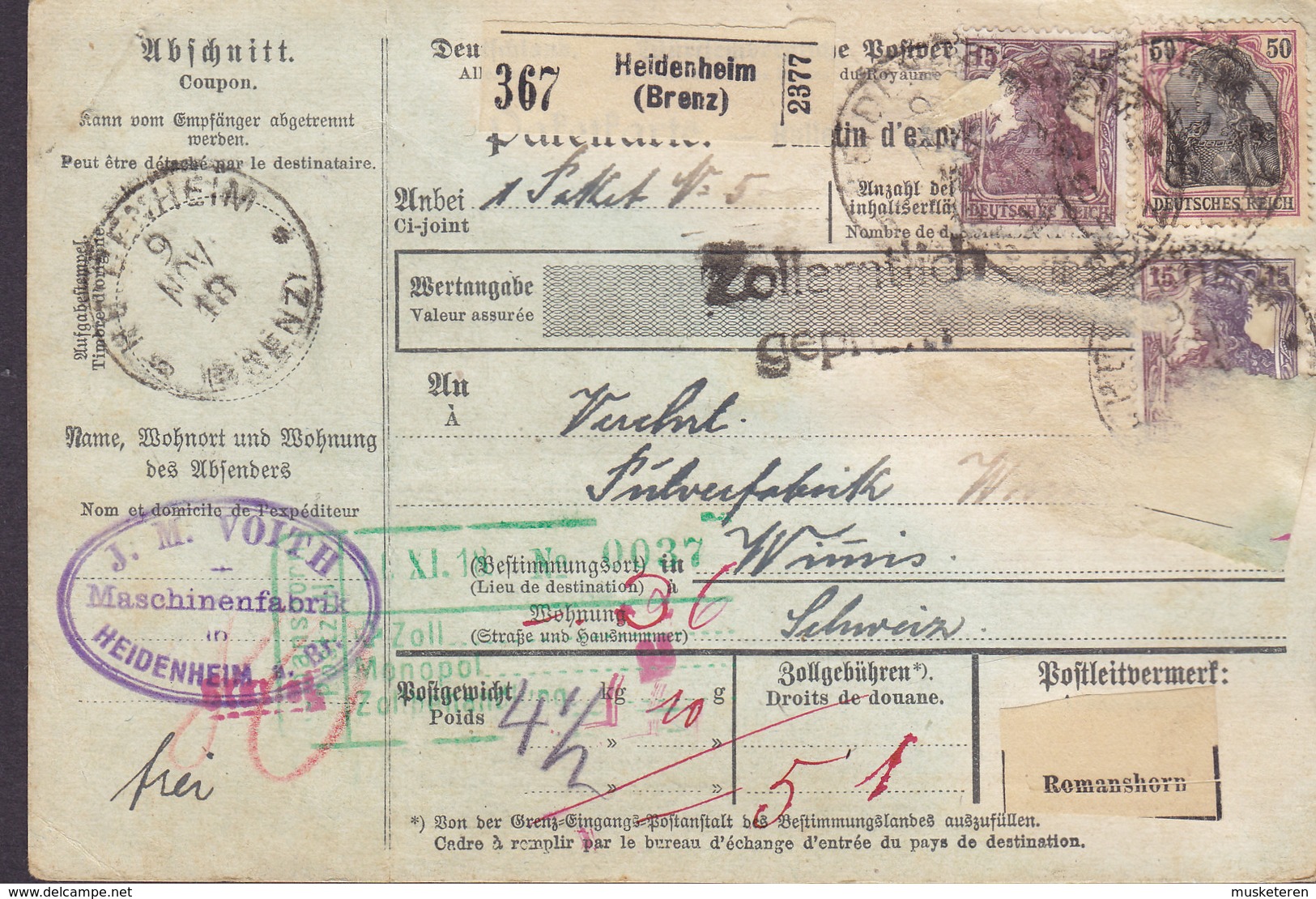 Germany Deutsches Reich Paketkarte Bulletin D'Expedition Freight Card HEIDENHEIM (Brenz) 1918 WIMIMIS Switzerland - Briefe U. Dokumente