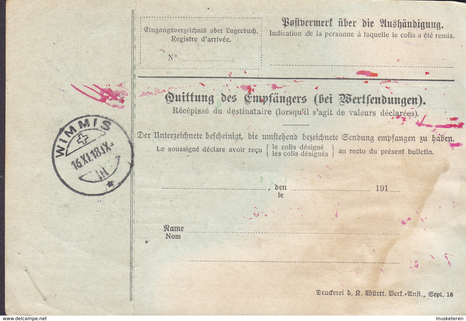 Germany Deutsches Reich Paketkarte Bulletin D'Expedition Freight Card HEIDENHEIM (Brenz) 1918 WIMIMIS Switzerland - Briefe U. Dokumente