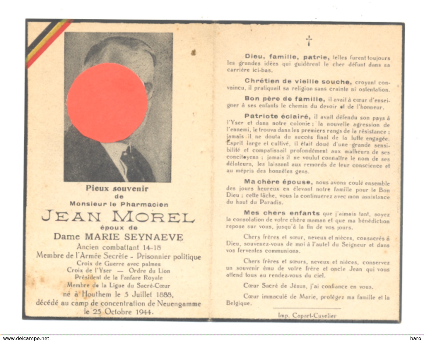 Guerre 40/45 - Faire-part De Décès Jean MOREL, Pharmacien, Armée Secrète.HOUTHEM 1888/ Neuengamme 1944 (b247) - Décès