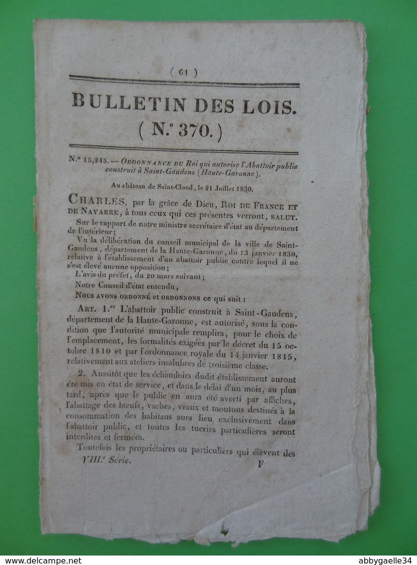 N°370, 1830, Construction D'un Abattoir Public à Saint-Gaudens (Haute-Garonne) Elevage, Agriculture, Boucherie - Décrets & Lois