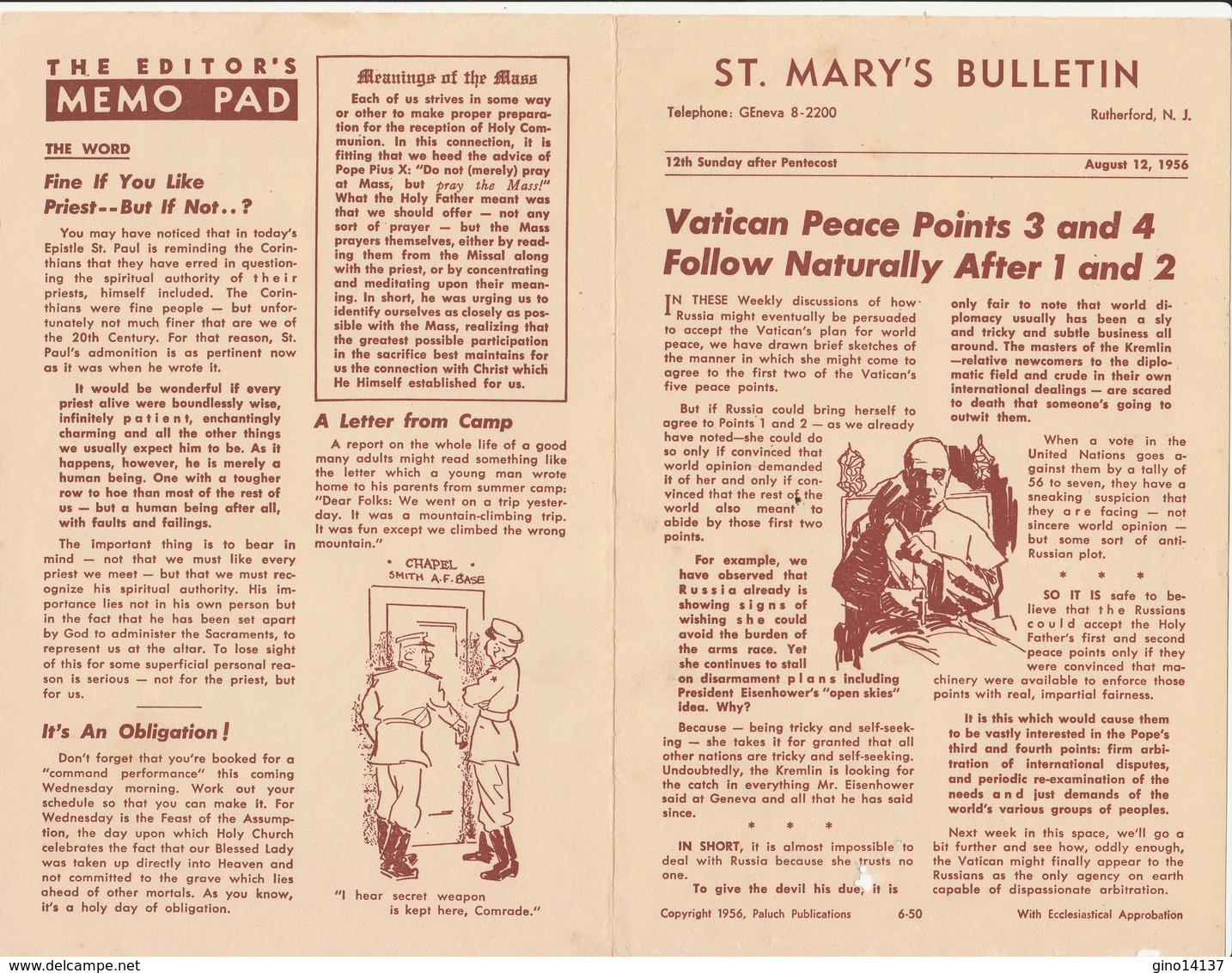 Bollettino Ufficiale Chiesa ST. MARY'S BULLETIN New Jersey 12 Luglio 1956 - 1950-Heute